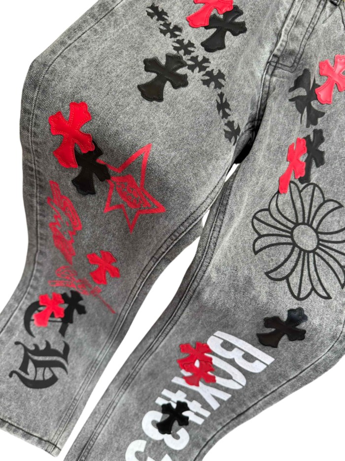 1:1 quality version  black and red cross genuine leather appliqué printed jeans 28959554