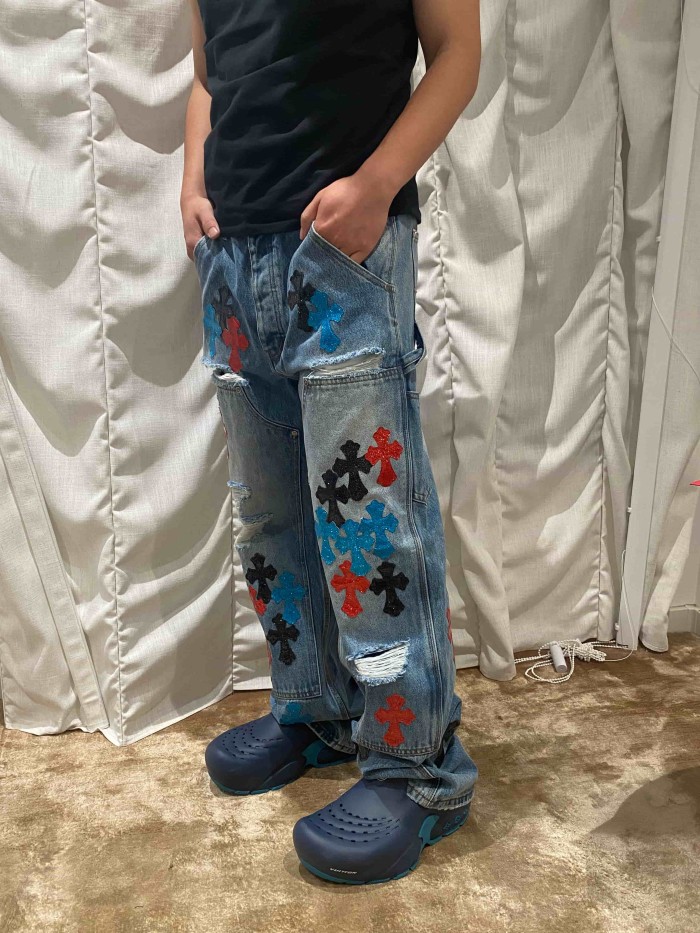 1:1 quality version  colored glitter cross distressed vintage washed jeans 28959375
