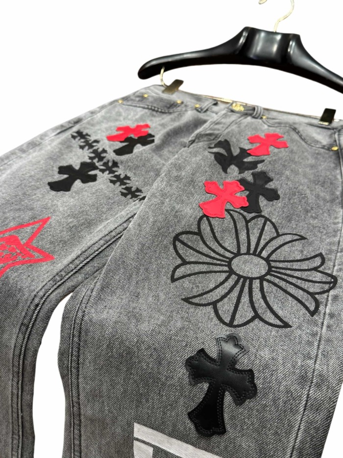 1:1 quality version  black and red cross genuine leather appliqué printed jeans 28959554
