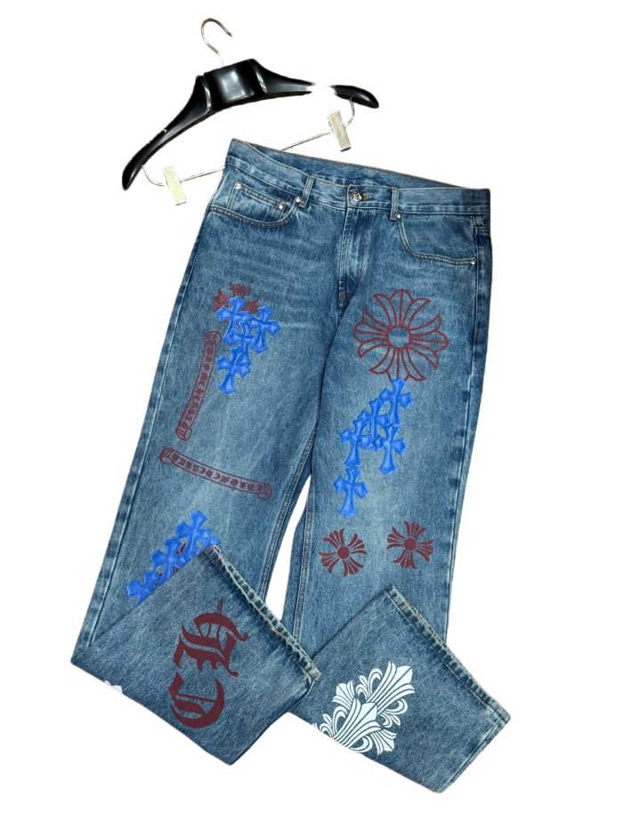 1:1 quality version  blue crosses and red flower appliqués washed blue jeans 28959455