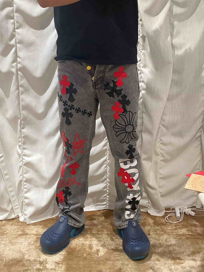 1:1 quality version  black and red cross genuine leather appliqué printed jeans 28959554