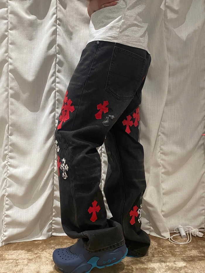 1:1 quality version  leopard print, flame and cross motifs heavy-duty jeans 28959669