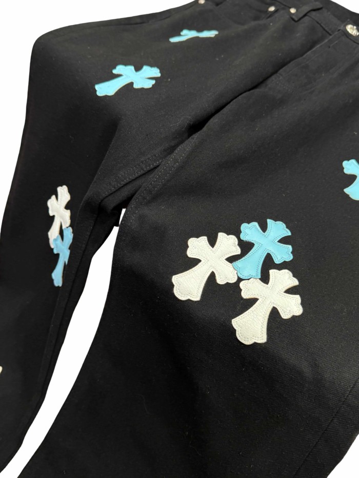 1:1 quality version  white & blue leather cross appliqué washed jeans 28959432