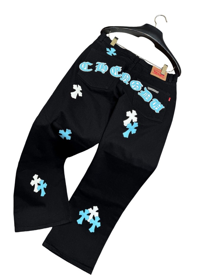 1:1 quality version  white & blue leather cross appliqué washed jeans 28959432