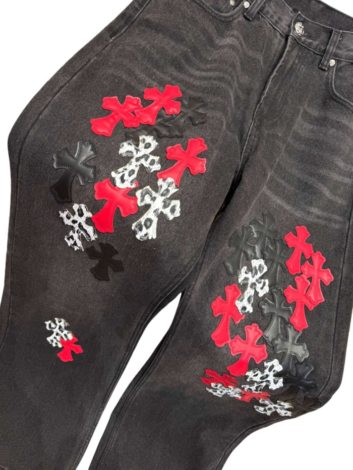 1:1 quality version  leopard print, flame and cross motifs heavy-duty jeans 28959669
