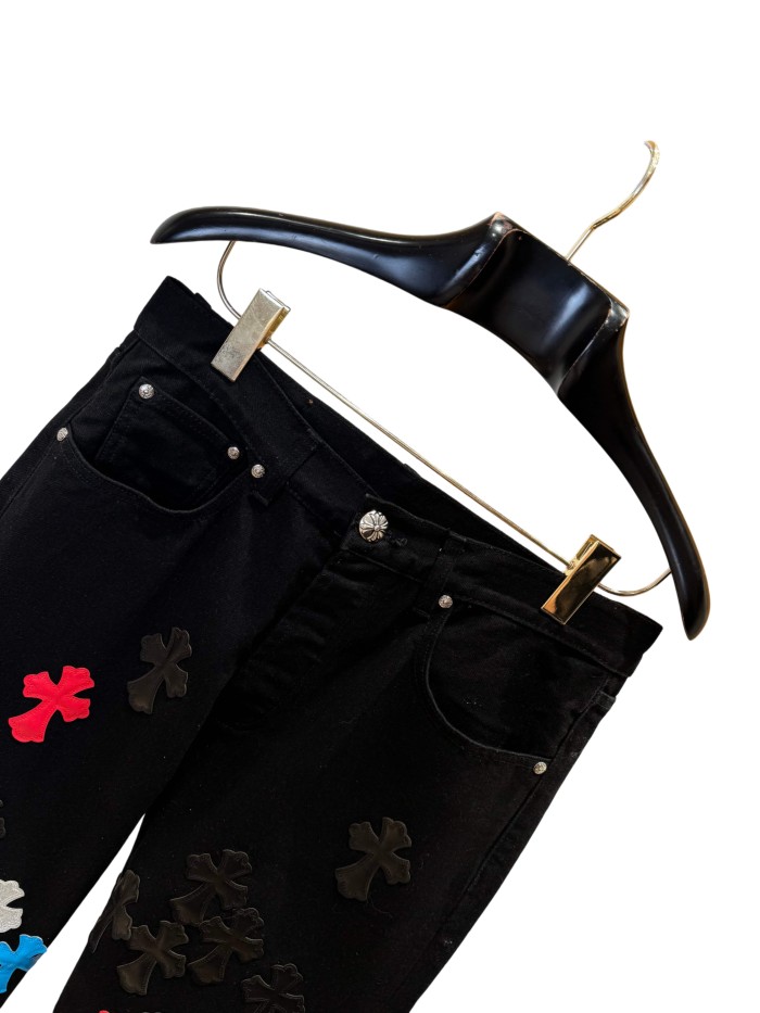 1:1 quality version  color-block cross appliqué glitter jeans 28959574