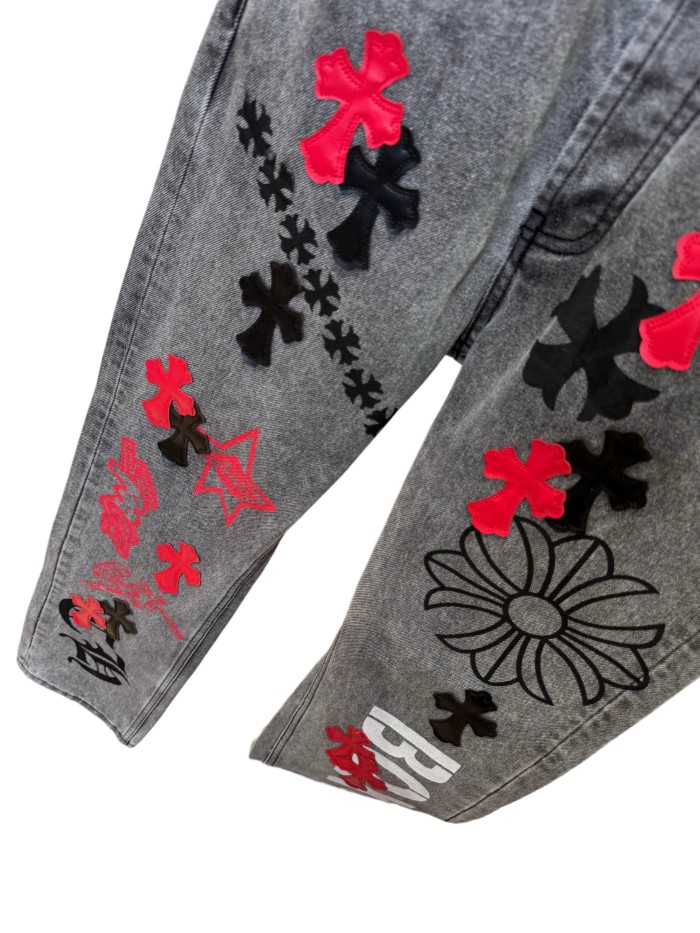 1:1 quality version  black and red cross genuine leather appliqué printed jeans 28959554