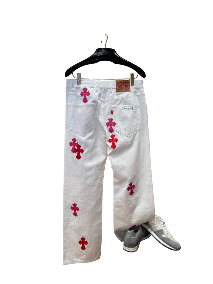 1:1 quality version  pink & white cross leather patch washed jeans 28959540