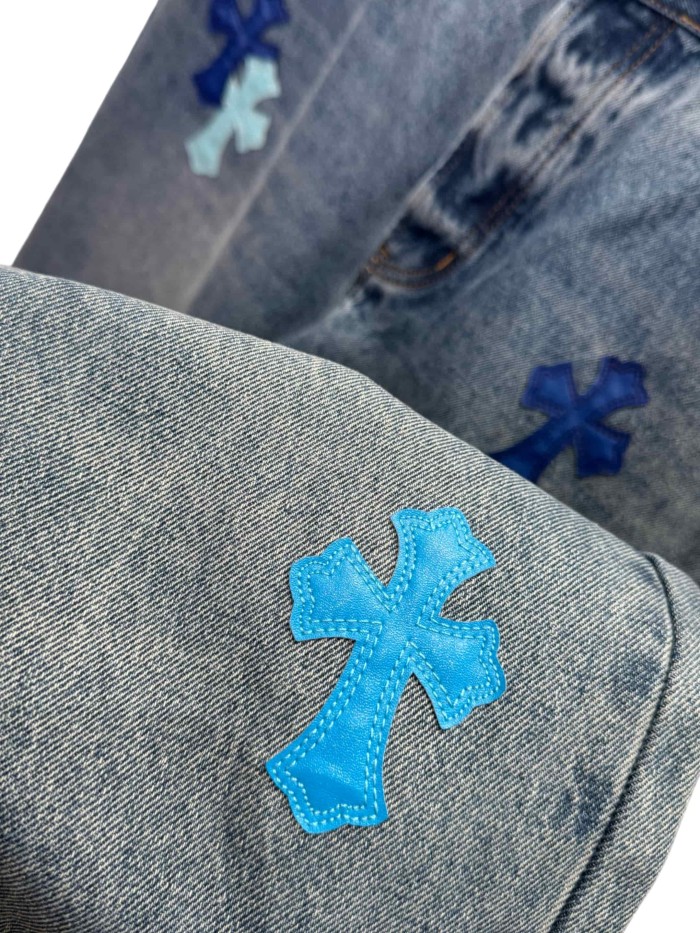 1:1 quality version  blue color-block cross leather appliqués washed jeans 28959512