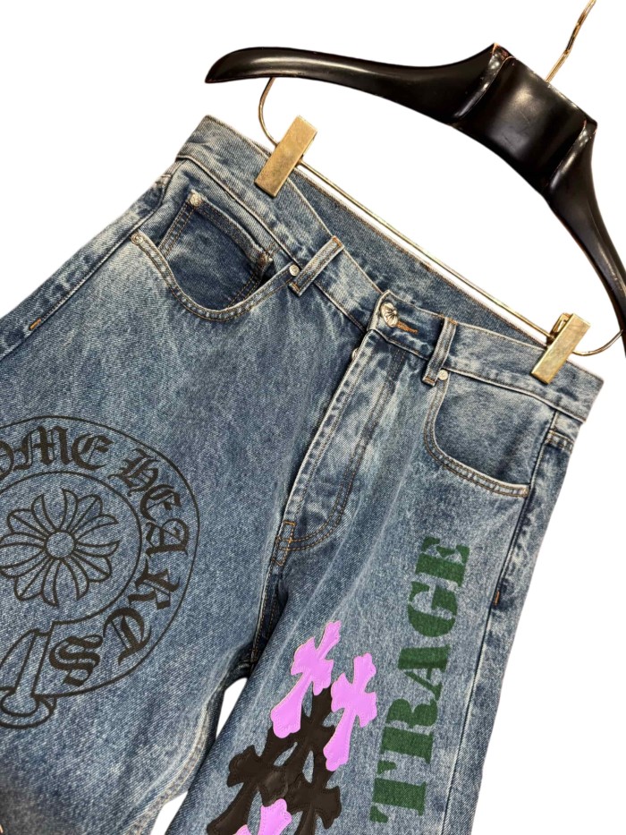 1:1 quality version  black & purple color-block cross leather prints jeans 28959500