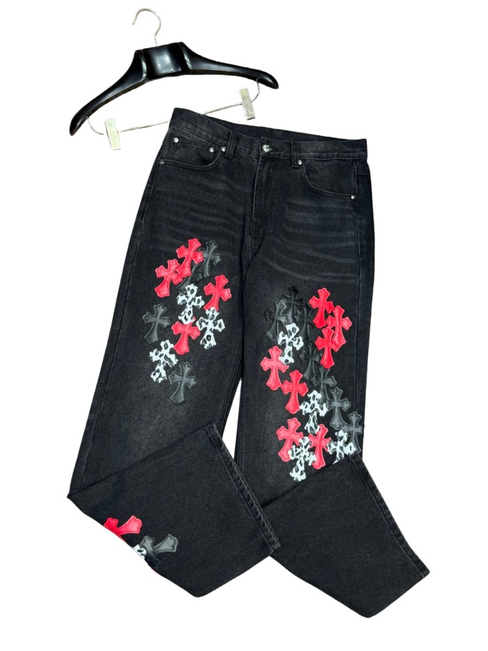 1:1 quality version  leopard print, flame and cross motifs heavy-duty jeans 28959669