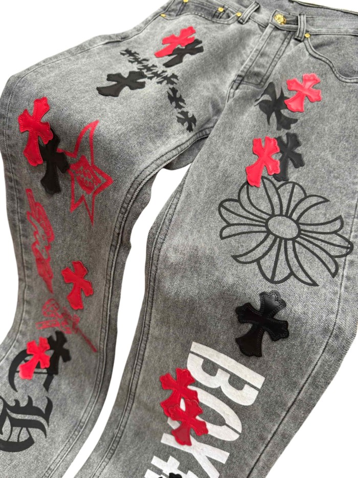 1:1 quality version  black and red cross genuine leather appliqué printed jeans 28959554