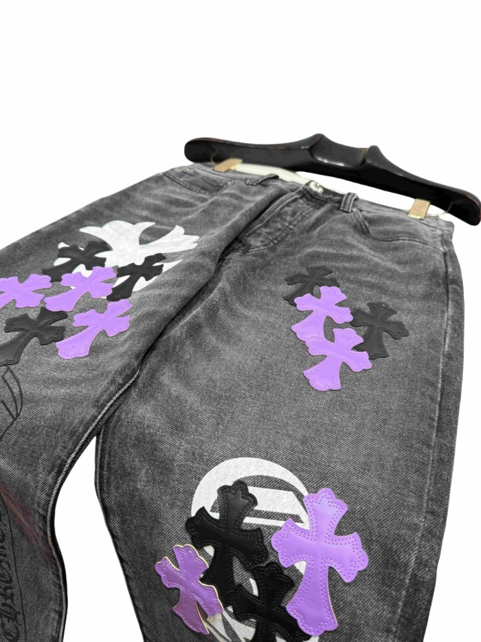 1:1 quality version  Black-Purple Cross Leather Patch Print Jeans 28960875
