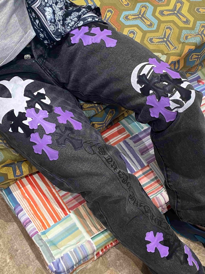1:1 quality version  Black-Purple Cross Leather Patch Print Jeans 28960875