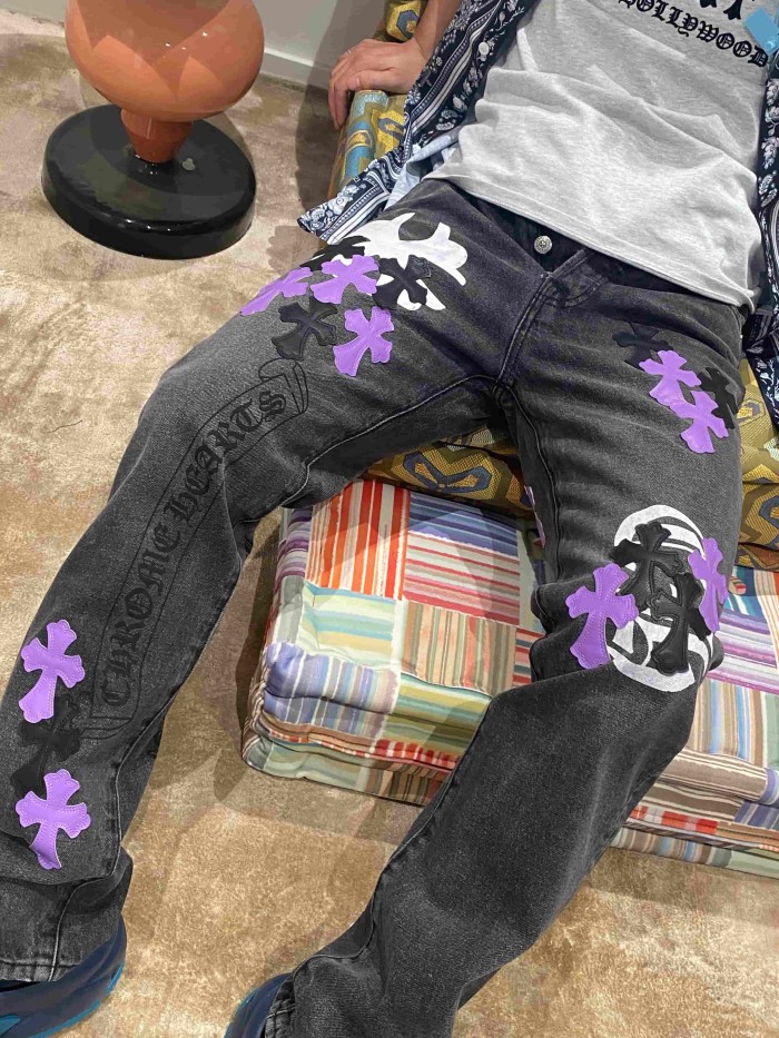 1:1 quality version  Black-Purple Cross Leather Patch Print Jeans 28960875