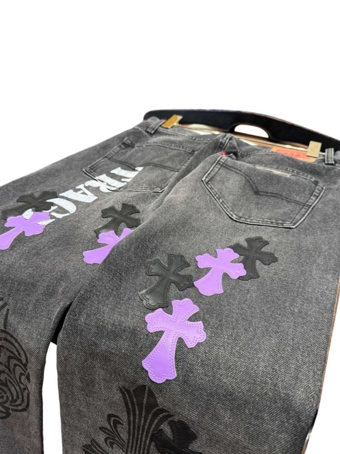 1:1 quality version  Black-Purple Cross Leather Patch Print Jeans 28960875