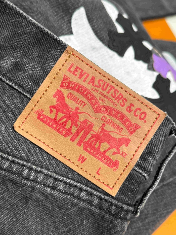 1:1 quality version  Black-Purple Cross Leather Patch Print Jeans 28960875