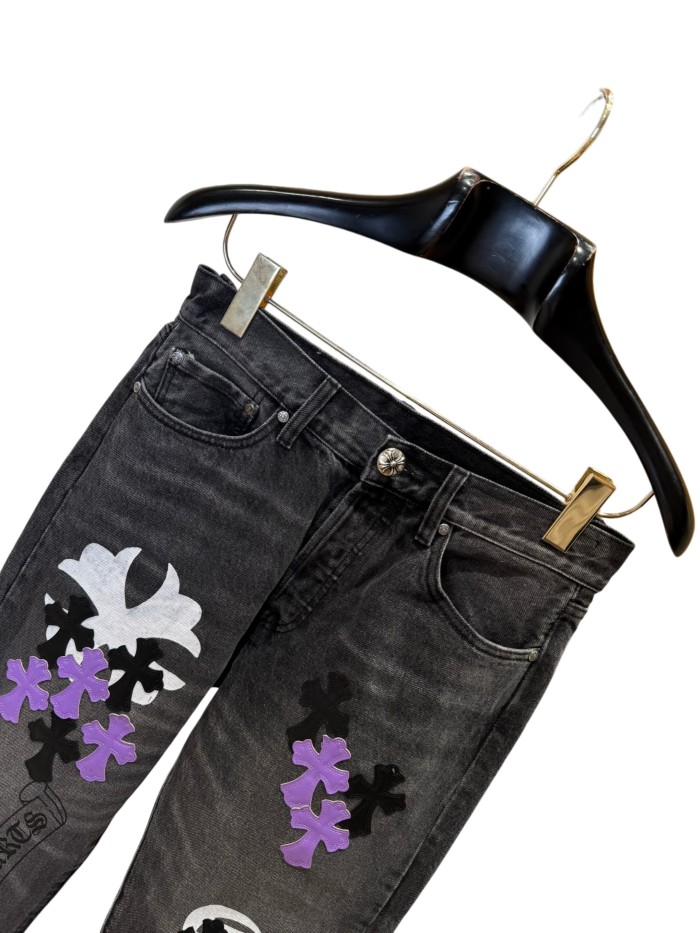 1:1 quality version  Black-Purple Cross Leather Patch Print Jeans 28960875