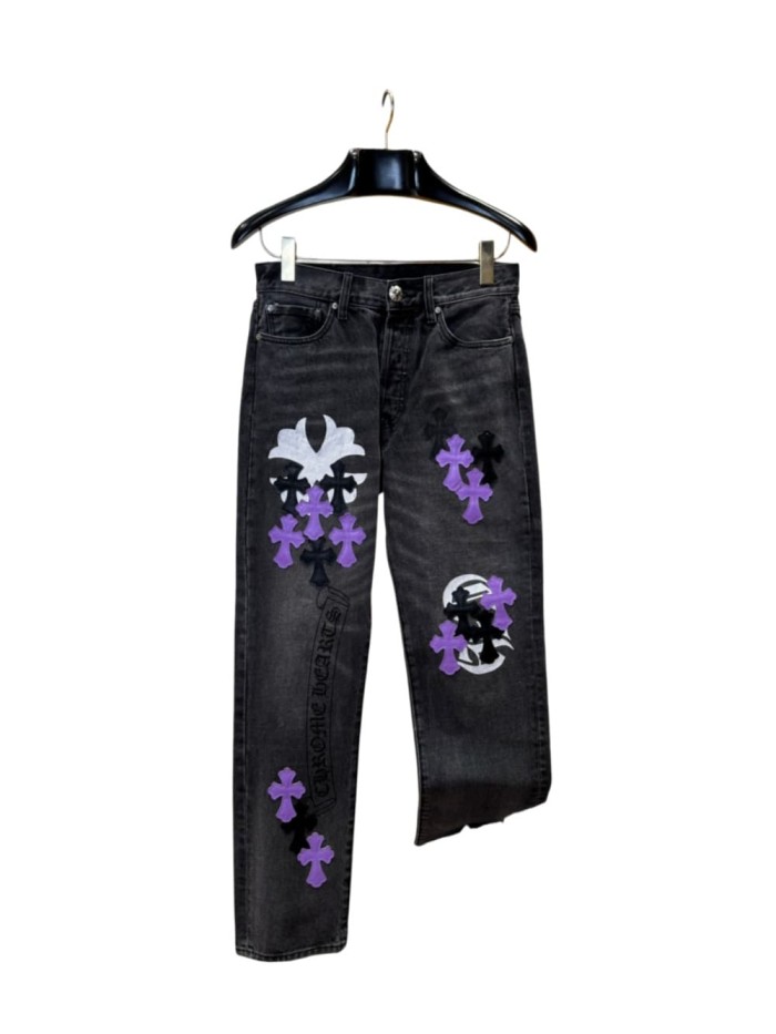 1:1 quality version  Black-Purple Cross Leather Patch Print Jeans 28960875