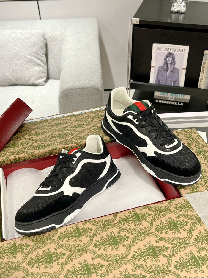1:1 quality version Re-Web Black White GG Canvas Leather Low Top Sneakers Lace-Up Shoes 28974469
