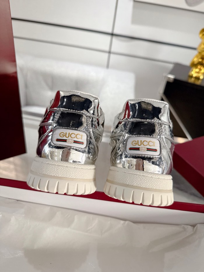 1:1 quality version Gucci Silver Metallic GG Embossed Low Top Sneakers Lace-Up Shoes 28974426