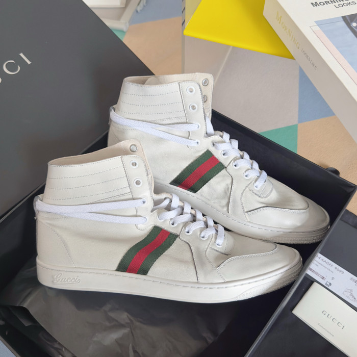1:1 quality version Gucci White Leather High Top Basketball Sneakers Casual Lace-Up Shoes 28974582
