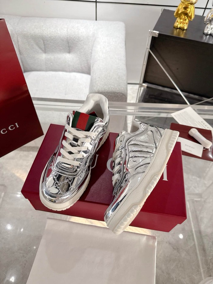 1:1 quality version Gucci Silver Metallic GG Embossed Low Top Sneakers Lace-Up Shoes 28974426