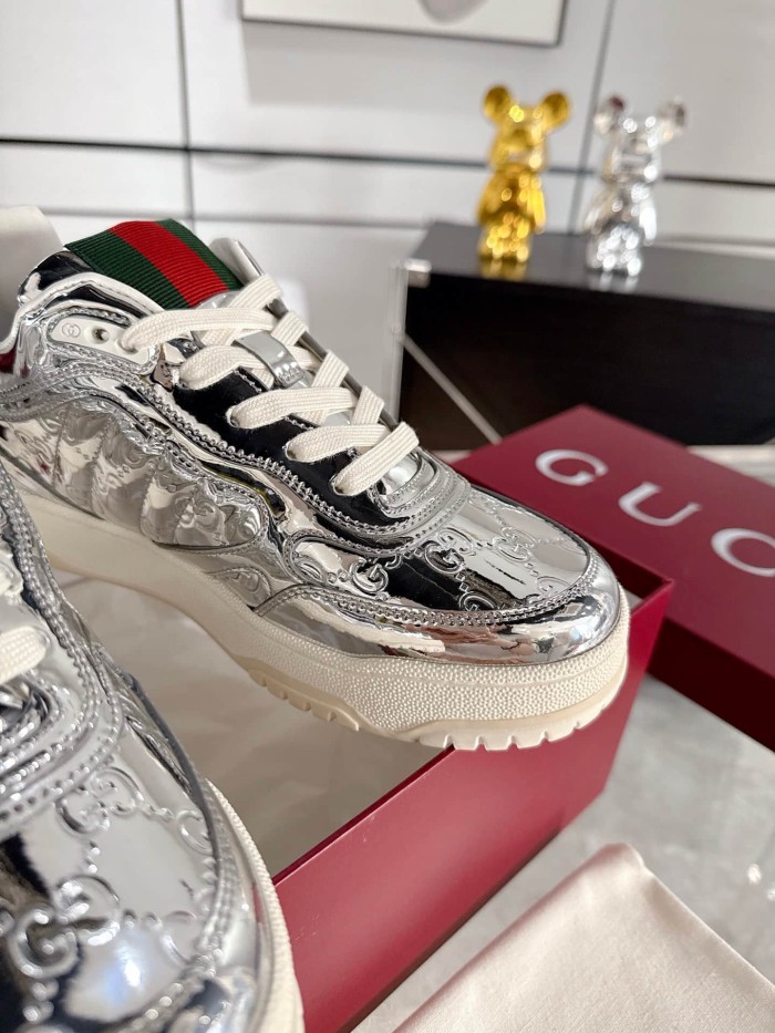 1:1 quality version Gucci Silver Metallic GG Embossed Low Top Sneakers Lace-Up Shoes 28974426