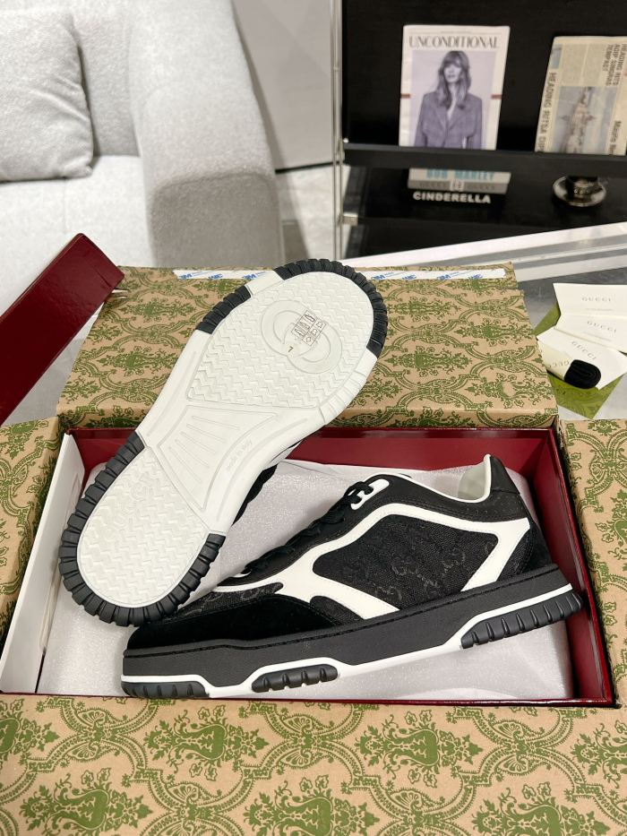 1:1 quality version Re-Web Black White GG Canvas Leather Low Top Sneakers Lace-Up Shoes 28974469