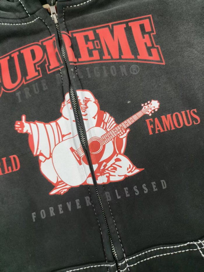 [buy more save more]1:1 quality version Maitreya Buddha Letter Print Washed Gradient Aged Zipper Hoodie 3 colors