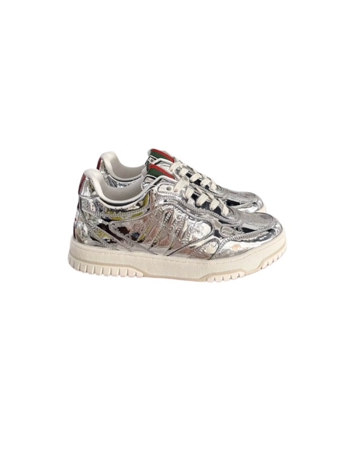 1:1 quality version Gucci Silver Metallic GG Embossed Low Top Sneakers Lace-Up Shoes 28974426