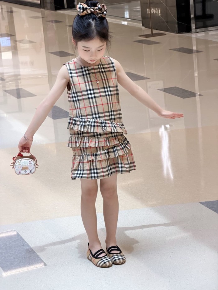Khaki Vintage Check Kids A-Line Sleeveless Dress for Kids 29000405