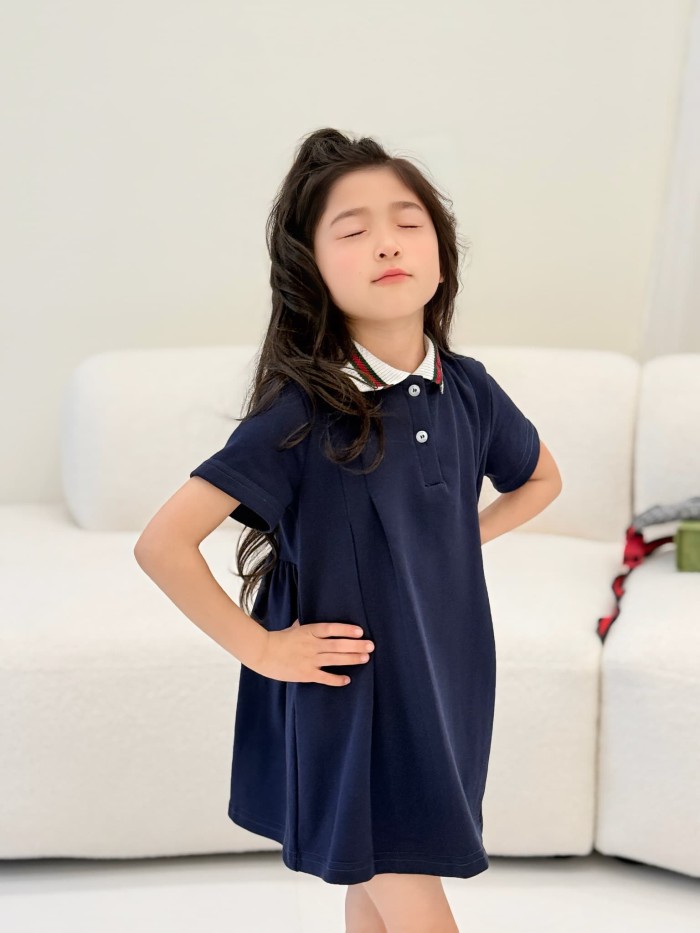 Navy Blue Red & Green Trimmed Collar A-Line Polo Dress for Kids 29006255