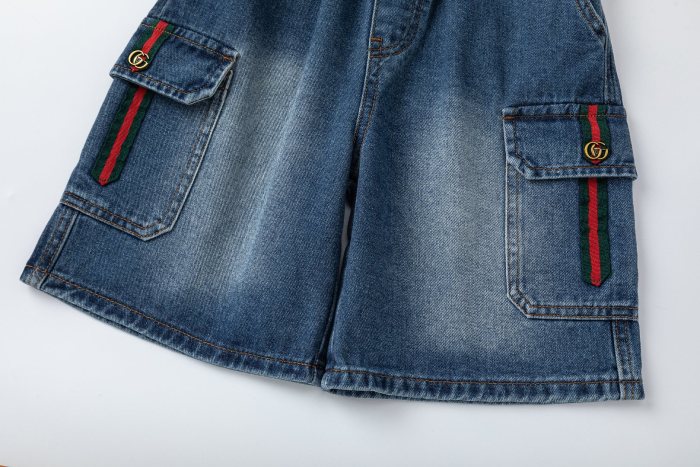 Red and Green Web Trim Denim Cargo Washed Shorts for Kids 29006565