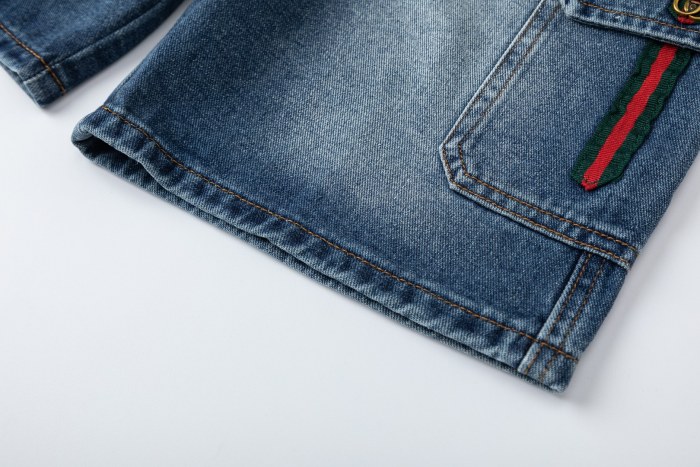 Red and Green Web Trim Denim Cargo Washed Shorts for Kids 29006565