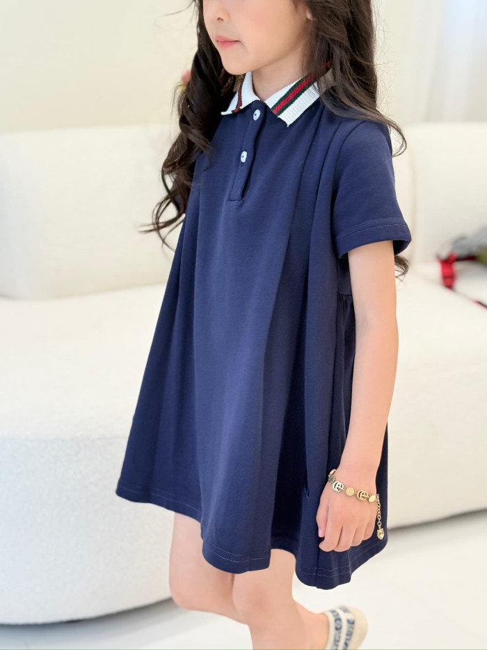 Navy Blue Red & Green Trimmed Collar A-Line Polo Dress for Kids 29006255