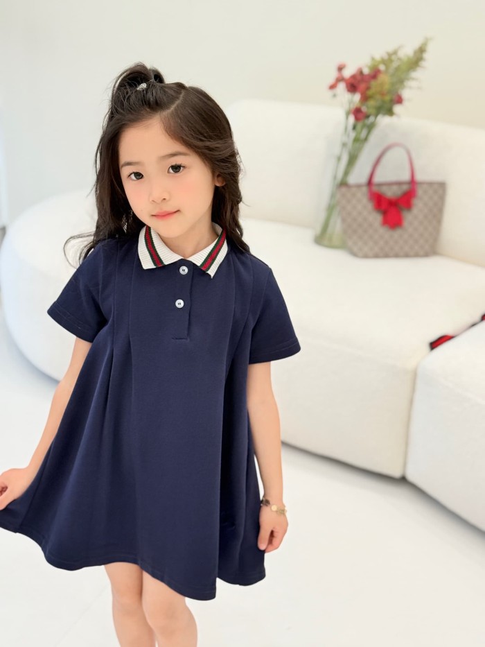 Navy Blue Red & Green Trimmed Collar A-Line Polo Dress for Kids 29006255