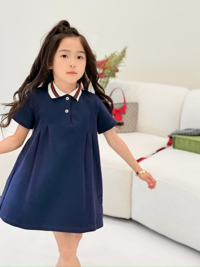 Navy Blue Red & Green Trimmed Collar A-Line Polo Dress for Kids 29006255