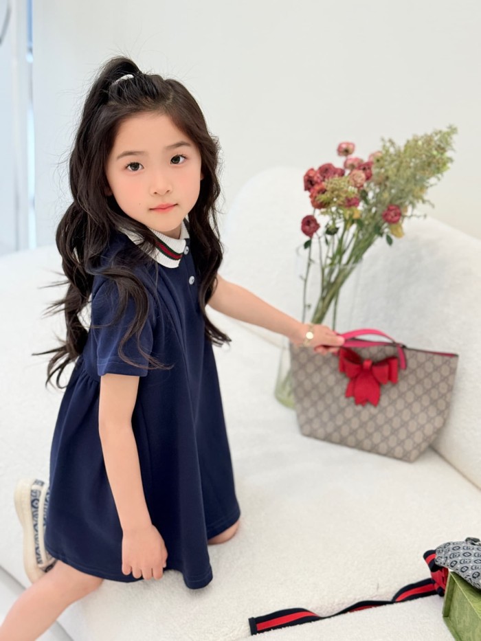Navy Blue Red & Green Trimmed Collar A-Line Polo Dress for Kids 29006255