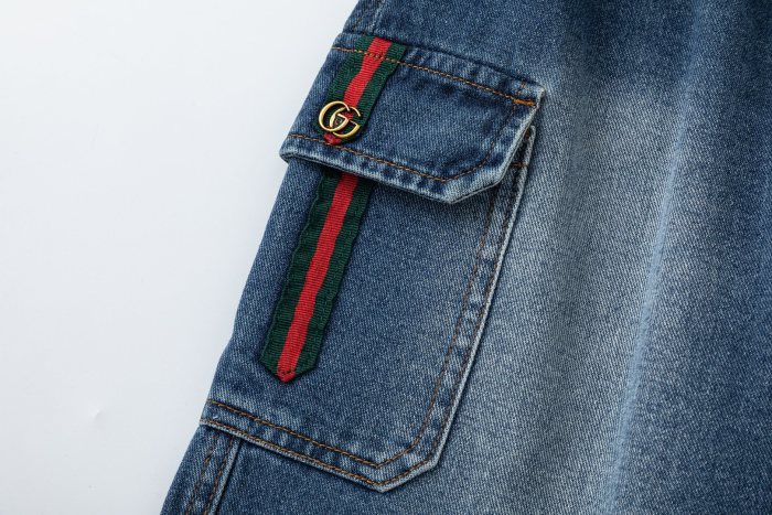 Red and Green Web Trim Denim Cargo Washed Shorts for Kids 29006565