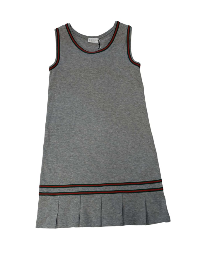 Grey Cotton Iconic Red-Green Web Sleeveless Dress for Kids 29008604