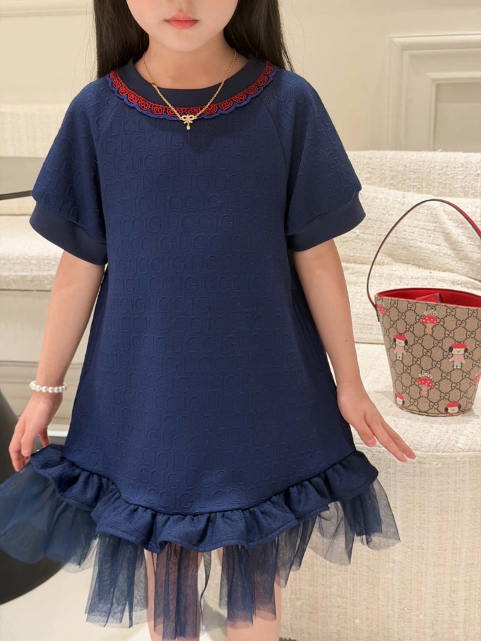 Navy Blue A-Line Dress with Tulle Hem for Kids 29008778