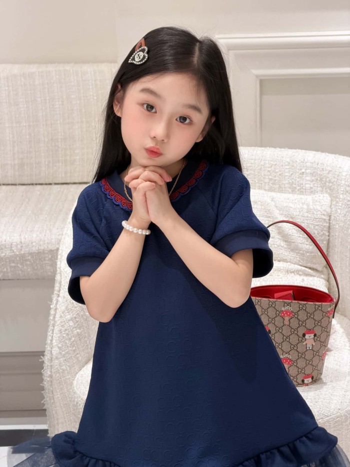 Navy Blue A-Line Dress with Tulle Hem for Kids 29008778