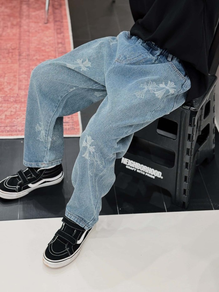 Cross Pattern Washed Elastic Waist Denim Pants for Kids 29008992