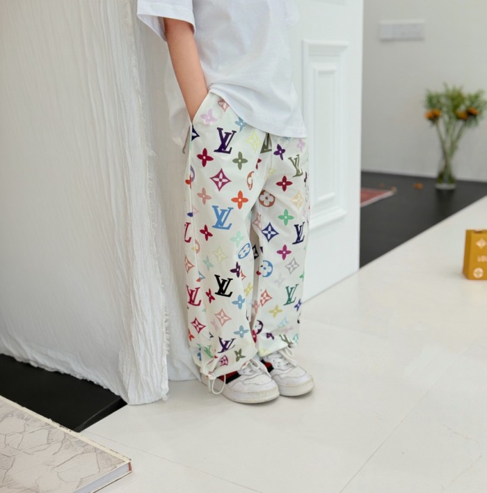 Multicolor Monogram Drawstring Waist Wide-Leg Pants for Kids 29008613