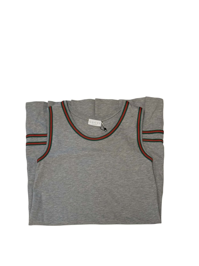 Grey Cotton Iconic Red-Green Web Sleeveless Dress for Kids 29008604