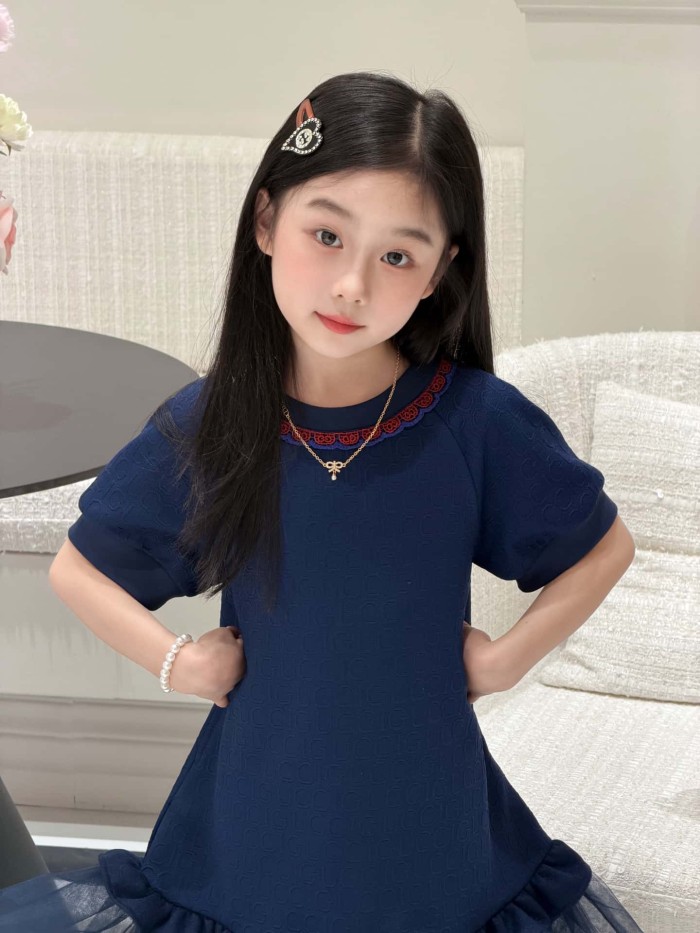 Navy Blue A-Line Dress with Tulle Hem for Kids 29008778