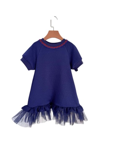 Navy Blue A-Line Dress with Tulle Hem for Kids 29008778