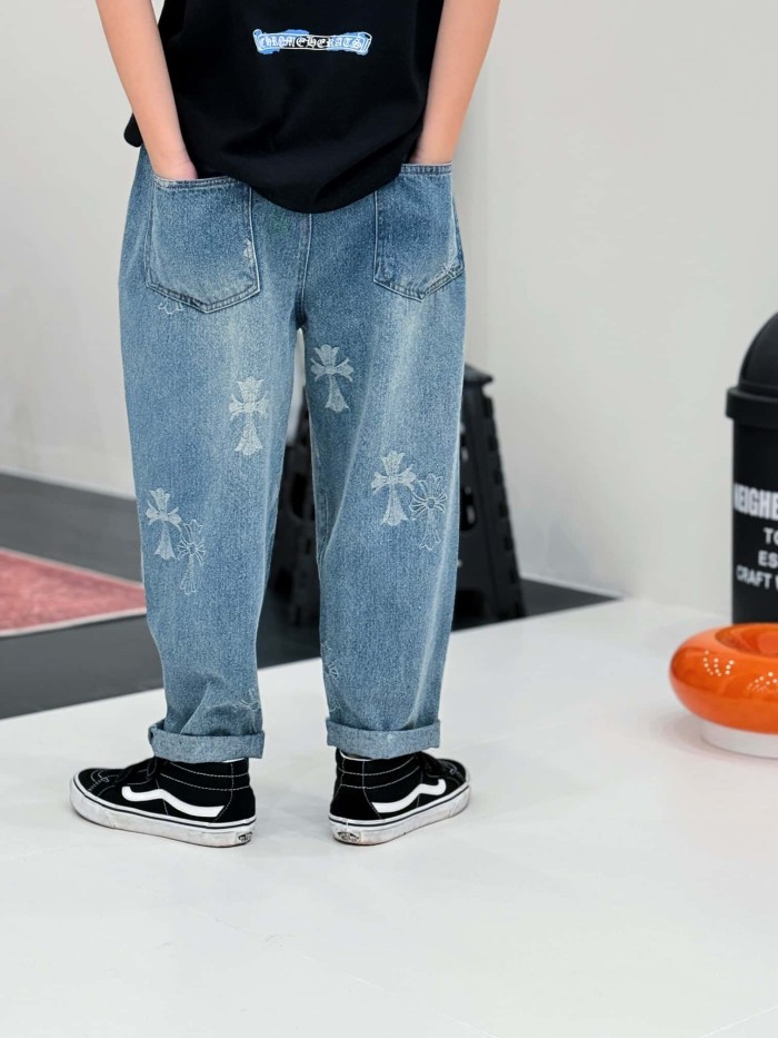 Cross Pattern Washed Elastic Waist Denim Pants for Kids 29008992
