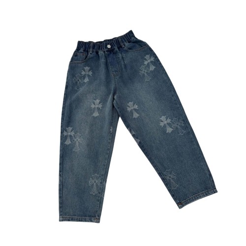 Cross Pattern Washed Elastic Waist Denim Pants for Kids 29008992